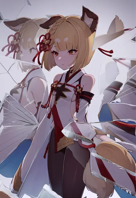 IncrsXLBrknGls, broken glass, reflection, <lora:XL_Pos_BrokenGlass:1>, <lora:spgbfVajraXL:1>, vajradef, dog tail, black pantyhose, hair ornament, japanese clothes, bare shoulders, detached sleeves, wide sleeves, white pelvic curtain