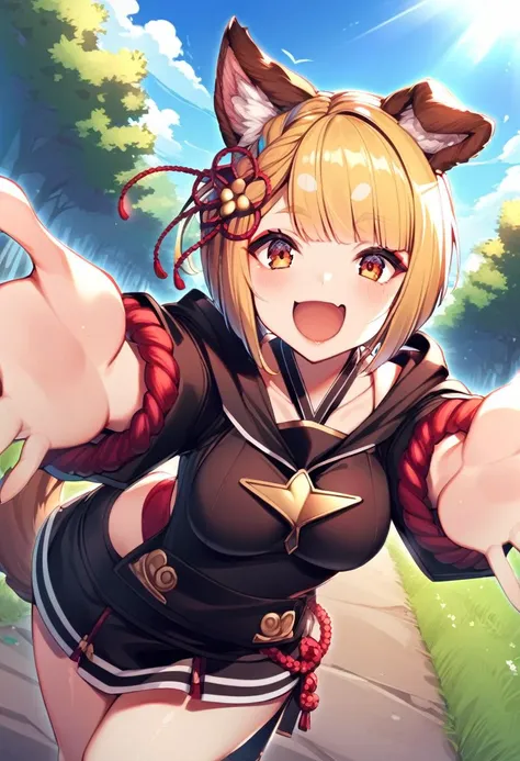 1girl, <lora:spgbfVajraXL:1>, vajradef, dog tail, hair ornament, black hoodie, outdoors, reaching out, :d, happy,
