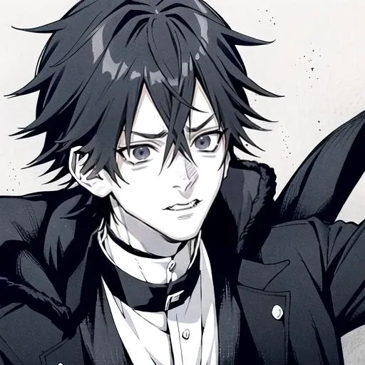 <lora:Yuto:0.8>yuto style, 1boy, Kaneki, black hair, black suit, black long sleeves, fur coat, elegant, monochrome, solo, greyscale, male focus, looking at viewer, ken kaneki hair, kirito hair, short hair, portrait, ((Pure Black Hair))