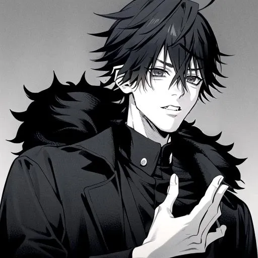 <lora:Yuto:0.8>yuto style, yuto sano, 1boy, Kaneki, black hair, black suit, black long sleeves, fur coat, elegant, monochrome, solo, greyscale, male focus, looking at viewer, ken kaneki hair