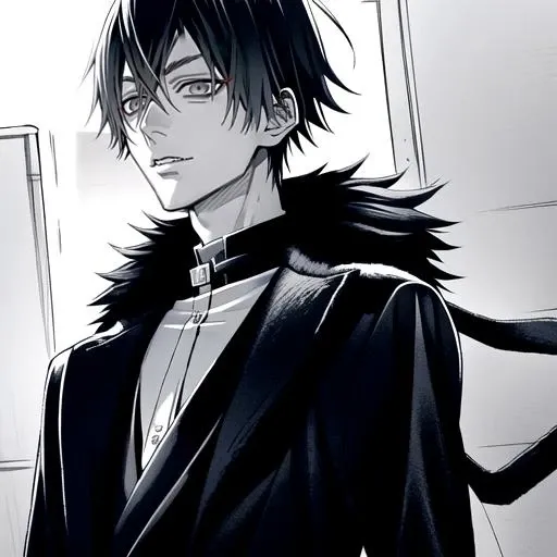 <lora:Yuto:0.8>yuto style, 1boy, Kaneki, black hair, black suit, black long sleeves, fur coat, elegant, monochrome, solo, greyscale, male focus, looking at viewer, ken kaneki hair, kirito hair, short hair, portrait, ((Pure Black Hair))