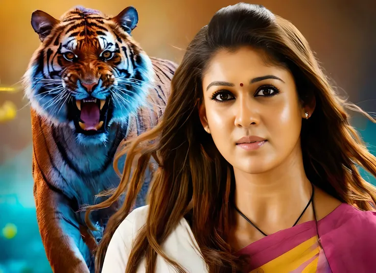 Nayanthara, <lora:NayantharaSDXL:1>, tiger in the background, 2023 poster style