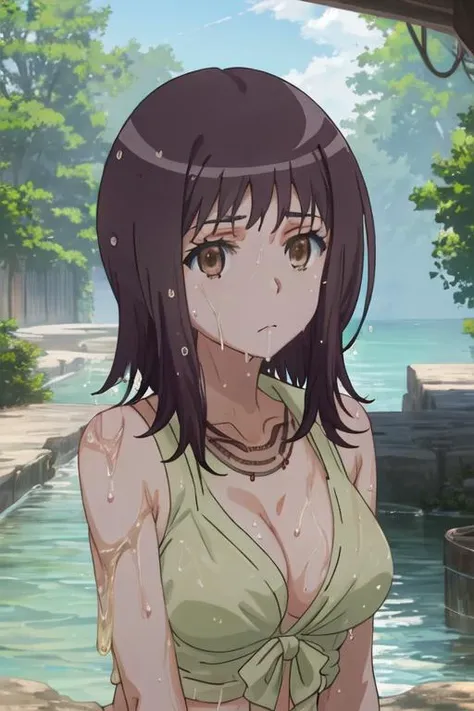 best quality, masterpiece, stoic,young woman, from above, head tilt, looking to the side, holding own arm, upper body, close up, brown eyes, brown hair, swept bangs, very long hair, backless halter neck pink sundress, brown belt, dagger sheathed, small breasts, toned arms, rain, puddles, tropical plants, potted wet hair, wet skin, wet clothes, night,