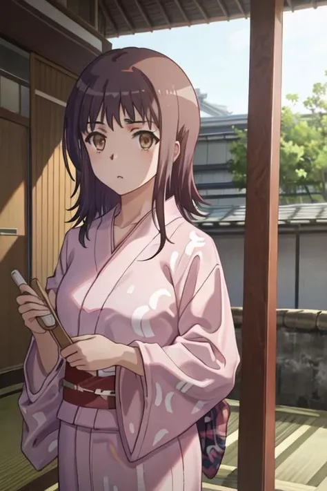 best quality, masterpiece, highres, solo, {yukata:1.40}, {kimono:1.20}, {itsuwa_toarumajutsunoindex:1.15}, brown_eyes, brown_hair, short_hair