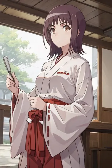 best quality, masterpiece, highres, solo, {white kimono:1.35}, {red hakama:1.35}, {wide sleeves:1.20}, {itsuwa_toarumajutsunoindex:1.15}, brown_eyes, brown_hair, short_hair