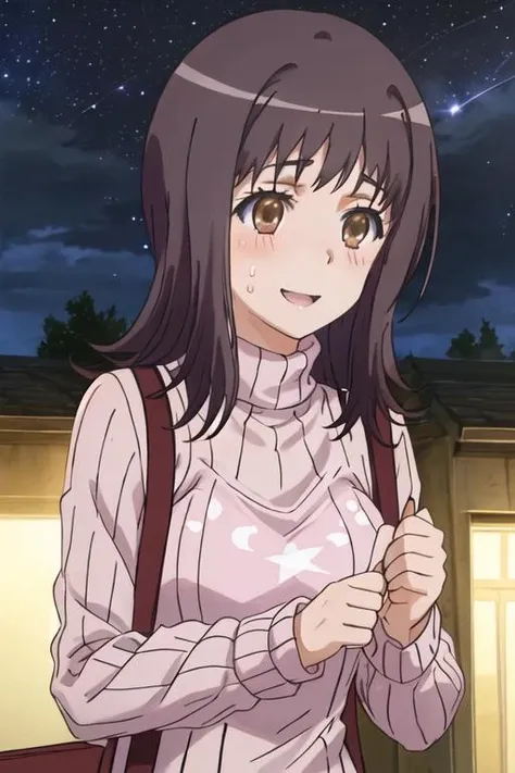 best quality, masterpiece, highres, solo, {itsuwa_toarumajutsunoindex:1.15}, brown_eyes, brown_hair, short_hair, 1girl, black_hair, blush, night, open_mouth, sky, smile, star_\(sky\), starry_sky, sweatdrop, sweater, turtleneck
