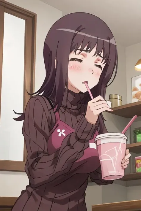 best quality, masterpiece, highres, solo, {itsuwa_toarumajutsunoindex:1.15}, brown_eyes, brown_hair, short_hair, 1girl, blush, drinking_straw, long_hair, open_mouth, sweater, closed_eyes, turtleneck, cup