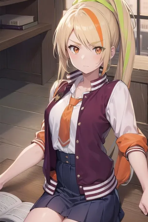 sakinikaidou, <lyco:sakinikaidou-lyco-nochekaiser:1>,
saki nikaidou, blonde hair, eyes visible through hair, hair over one eye, light green hair, long hair, multicolored hair, (orange eyes:1.5), orange hair, ponytail, streaked hair, (small breast:1.2),
BREAK blue skirt, jacket, (letterman jacket:1.5), necktie, orange necktie, skirt,
BREAK looking at viewer, full body,
BREAK indoors, classroom,
BREAK <lyco:GoodHands-beta2:1>, (masterpiece:1.2), best quality, high resolution, unity 8k wallpaper, (illustration:0.8), (beautiful detailed eyes:1.6), extremely detailed face, perfect lighting, extremely detailed CG, (perfect hands, perfect anatomy),
