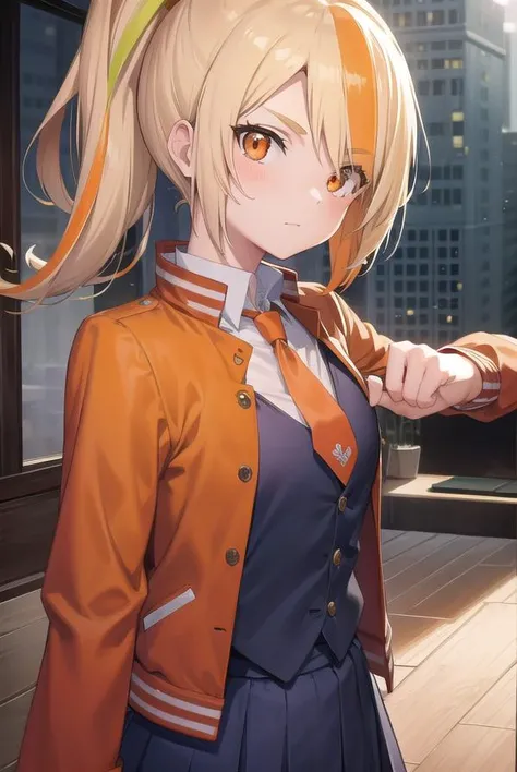 sakinikaidou, <lyco:sakinikaidou-lyco-nochekaiser:1>,
saki nikaidou, blonde hair, eyes visible through hair, hair over one eye, light green hair, long hair, multicolored hair, (orange eyes:1.5), orange hair, ponytail, streaked hair, (small breast:1.2),
BREAK blue skirt, jacket, letterman jacket, necktie, orange necktie, skirt,
BREAK looking at viewer, full body,
BREAK indoors, classroom,
BREAK <lyco:GoodHands-beta2:1>, (masterpiece:1.2), best quality, high resolution, unity 8k wallpaper, (illustration:0.8), (beautiful detailed eyes:1.6), extremely detailed face, perfect lighting, extremely detailed CG, (perfect hands, perfect anatomy),