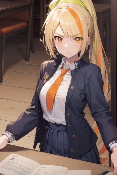 sakinikaidou, <lyco:sakinikaidou-lyco-nochekaiser:1>,
saki nikaidou, blonde hair, eyes visible through hair, hair over one eye, light green hair, long hair, multicolored hair, (orange eyes:1.5), orange hair, ponytail, streaked hair, (small breast:1.2),
BREAK blue skirt, jacket, letterman jacket, necktie, orange necktie, skirt,
BREAK looking at viewer, full body,
BREAK indoors, classroom,
BREAK <lyco:GoodHands-beta2:1>, (masterpiece:1.2), best quality, high resolution, unity 8k wallpaper, (illustration:0.8), (beautiful detailed eyes:1.6), extremely detailed face, perfect lighting, extremely detailed CG, (perfect hands, perfect anatomy),