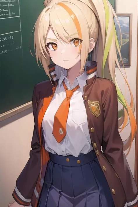 sakinikaidou, <lyco:sakinikaidou-lyco-nochekaiser:1>,
saki nikaidou, blonde hair, eyes visible through hair, hair over one eye, light green hair, long hair, multicolored hair, (orange eyes:1.5), orange hair, ponytail, streaked hair, (small breast:1.2),
BREAK blue skirt, jacket, letterman jacket, necktie, orange necktie, skirt,
BREAK looking at viewer, full body,
BREAK indoors, classroom,
BREAK <lyco:GoodHands-beta2:1>, (masterpiece:1.2), best quality, high resolution, unity 8k wallpaper, (illustration:0.8), (beautiful detailed eyes:1.6), extremely detailed face, perfect lighting, extremely detailed CG, (perfect hands, perfect anatomy),