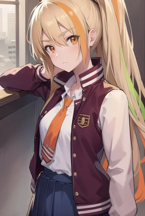 sakinikaidou, <lyco:sakinikaidou-lyco-nochekaiser:1>,
saki nikaidou, blonde hair, eyes visible through hair, hair over one eye, light green hair, long hair, multicolored hair, (orange eyes:1.5), orange hair, ponytail, streaked hair, (small breast:1.2),
BREAK blue skirt, jacket, (letterman jacket:1.5), necktie, orange necktie, skirt,
BREAK looking at viewer, full body,
BREAK indoors, classroom,
BREAK <lyco:GoodHands-beta2:1>, (masterpiece:1.2), best quality, high resolution, unity 8k wallpaper, (illustration:0.8), (beautiful detailed eyes:1.6), extremely detailed face, perfect lighting, extremely detailed CG, (perfect hands, perfect anatomy),