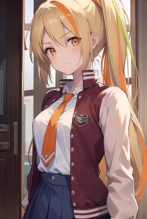 sakinikaidou, <lyco:sakinikaidou-lyco-nochekaiser:1>,
saki nikaidou, blonde hair, eyes visible through hair, hair over one eye, light green hair, long hair, multicolored hair, (orange eyes:1.5), orange hair, ponytail, streaked hair, (small breast:1.2),
BREAK blue skirt, jacket, (letterman jacket:1.5), necktie, orange necktie, skirt,
BREAK looking at viewer, full body,
BREAK indoors, classroom,
BREAK <lyco:GoodHands-beta2:1>, (masterpiece:1.2), best quality, high resolution, unity 8k wallpaper, (illustration:0.8), (beautiful detailed eyes:1.6), extremely detailed face, perfect lighting, extremely detailed CG, (perfect hands, perfect anatomy),