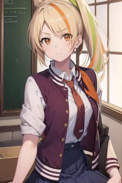 sakinikaidou, <lyco:sakinikaidou-lyco-nochekaiser:1>,
saki nikaidou, blonde hair, eyes visible through hair, hair over one eye, light green hair, long hair, multicolored hair, (orange eyes:1.5), orange hair, ponytail, streaked hair, (small breast:1.2),
BREAK blue skirt, jacket, (letterman jacket:1.5), necktie, orange necktie, skirt,
BREAK looking at viewer, full body,
BREAK indoors, classroom,
BREAK <lyco:GoodHands-beta2:1>, (masterpiece:1.2), best quality, high resolution, unity 8k wallpaper, (illustration:0.8), (beautiful detailed eyes:1.6), extremely detailed face, perfect lighting, extremely detailed CG, (perfect hands, perfect anatomy),