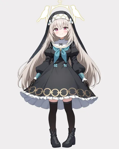 sakurako \(blue archive\),1girl, solo, nun, halo, white_background, black_thighhighs, looking_at_viewer, long_sleeves, simple_background, full_body, habit, puffy_sleeves, boots, blush, breasts, black_dress, hand_on_own_chest, blue_neckerchief, frilled_dress, black_footwear, flower, closed_mouth, smile, veil, zettai_ryouiki, standing, black_gloves
<lora:sakurako_(blue_archive)_image854_2023-11-28-000015:1>halo. gorgeous,key visual, vibrant, studio anime,award-winning, professional, highly detailed,high budget, cinemascope