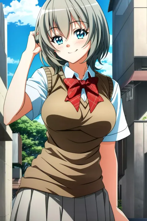 <lora:Ichiko Sakura:1> Ichiko Sakura, 1girl, solo, school uniform, grey hair, skirt, sweater vest, smile, bow, short hair, breasts, thick, hour glass body, by a building, pouting, ((Extremely Detailed)), ((Best Quality)), ((Masterpiece)), ((4k))