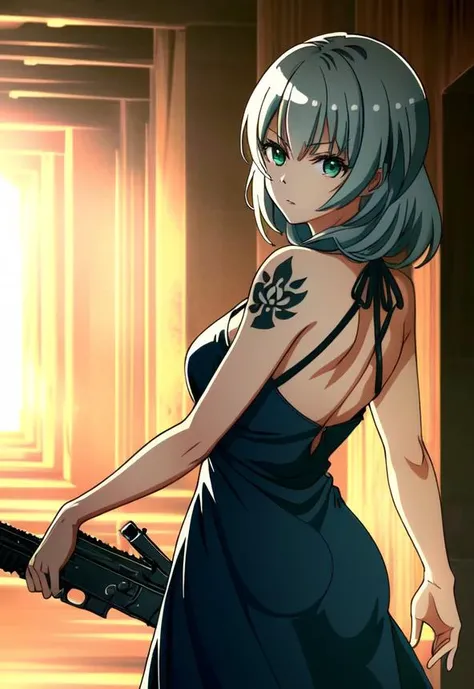 <lora:Ichiko Sakura:1> Ichiko Sakura, 1girl, solo, grey hair, bangs, green eyes, tight dress, halter dress, eyes, full body, shadows, shaded face, tattoo, eyes half closed, weapon, pistols, guns aimed at viewer, hallway, midnight, ((Extremely Detailed)), ((Best Quality)), ((Masterpiece)), ((4k)), ((dramatic shadows, vibrant colors, backlighting, depth of field,))