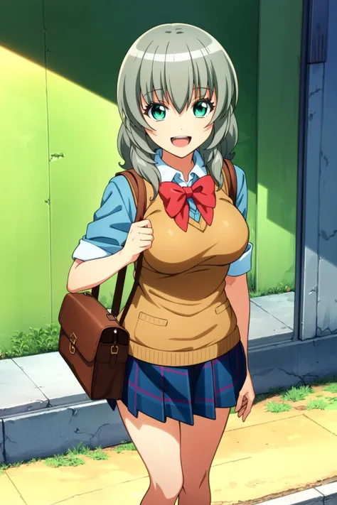 (extremely detailed CG unity 8k wallpaper),(masterpiece),(best quality),(ultra-detailed),(best illustration),(best shadow),(absurdres),(detailed background), <lora:OGTY_Ichiko_Sakura-v2:0.9> Ichiko Sakura, 1girl, solo, school uniform, skirt, smile, bag, open mouth, green eyes, grey hair, sweater vest, bow, school bag, looking at viewer, plaid