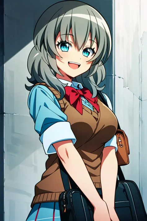 (extremely detailed CG unity 8k wallpaper),(masterpiece),(best quality),(ultra-detailed),(best illustration),(best shadow),(absurdres),(detailed background),  <lora:OGTY_Ichiko_Sakura-v2:0.9> Ichiko Sakura, 1girl, solo, school uniform, skirt, smile, bag, open mouth, green eyes, grey hair, sweater vest, bow, school bag, looking at viewer, plaid