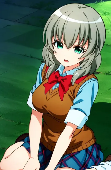 (extremely detailed CG unity 8k wallpaper),(masterpiece),(best quality),(ultra-detailed),(best illustration),(best shadow),(absurdres),(detailed background), <lora:OGTY_Ichiko_Sakura-v2:1> Ichiko Sakura, 1girl, solo, green eyes, school uniform, skirt, wariza, sitting, bow, sweater vest, open mouth, socks, plaid, grey hair, plaid skirt, full body