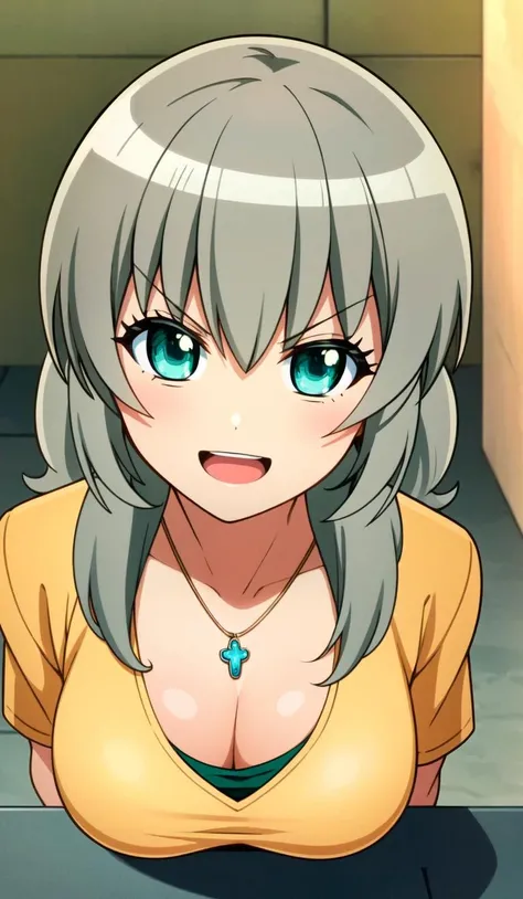 score_7, score_6_up, source_anime, anime, anime screencap,shimoneta, anna_nishikinomiya, 1girl, solo, short hair, grey hair, hairband, blush, choker, breasts, large breasts, yandere, open mouth, nipples, very perky breasts,