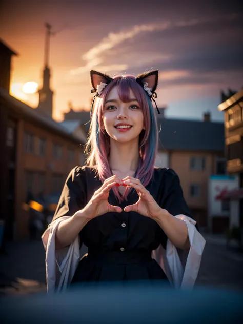 1girl, twintails, multicolored hair, hair ornament, hair over one eye, cat ears, blue eyes, blue hair, pink hair, ((smile)), bow, solo, looking at viewer, indoors, makeup, pleated skirt, long hair, bangs, pink nails, sitting, ,the most beautiful form of chaos, elegant, a naturalist environment, vivid colours, romanticism, atmospheric, (RAW photo, best quality), (realistic, photo-realistic:1.3), masterpiece, an extremely delicate and beautiful, extremely detailed, (heart hands), looking at viewer, outdoors