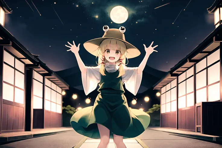 masterpiece,best quality,1girl,Moriya Suwako,blonde hair,brown headwear,open mouth,:d,frog,japan,kyoto,night,shrine,Kamo-gawa ,full_body,moon,stars