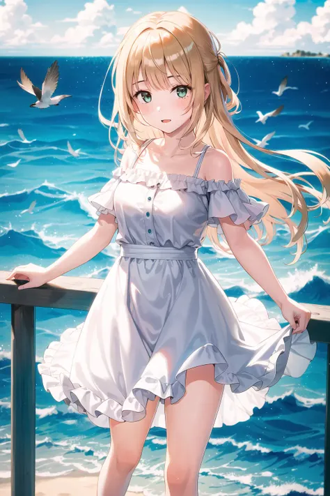 masterpiece best quality,1girl, an ocean with clouds and birds, day time, low depth field effect