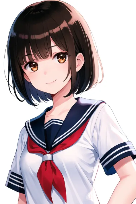 masterpiece best quality,1girl, solo, white background, school uniform, simple background, looking at viewer, short hair, black hair, serafuku, upper body, smile, sailor collar, short sleeves, shirt, bangs, white shirt, closed mouth, bow, blue bow, breasts, brown eyes, blue sailor collar