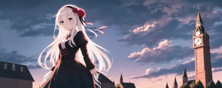 1girl, clock_tower, building, tower, rose, long_hair, flower, clock, solo, hair_flower, cloudy_sky, cloud, sky, hair_ornament, long_sleeves, dress, black_rose, outdoors, looking_at_viewer, blue_eyes, hairband, black_flower, ribbon, castle, hair_ribbon, eyebrows_visible_through_hair, bangs, night