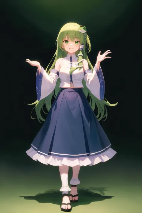 masterpiece, best quality,1girl, long hair, solo, kochiya sanae, blue skirt, skirt, detached sleeves, shirt, very long hair, frog hair ornament, green hair, socks, hair ornament, white socks, snake hair ornament, white shirt, looking at viewer, wide sleeves, smile, green eyes, full body, breasts, frilled skirt, black footwear, frills, bare shoulders, sandals, tabi, hair tubes, sleeveless shirt, long skirt, parted lips, white sleeves, bangs, long sleeves, absurdly long hair, medium breasts, hands up