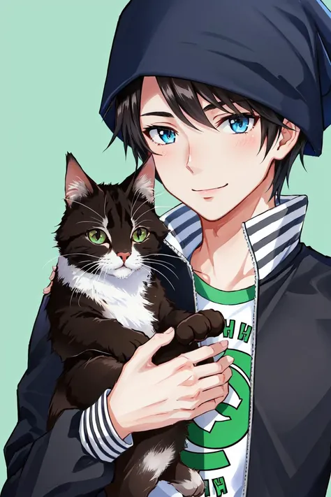 simple background, 1boy, smile, holding cat, <lora:Jungo_Fp:1> jungodesu2, jacket, beanie, open clothes