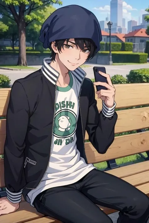 masterpiece, best quality, solo, 1boy, smile, <lora:Jungo_Fp:1>, jungodesu2, jacket, pants, beanie, open clothes, holding phone, park, bench, sitting, cellphone,