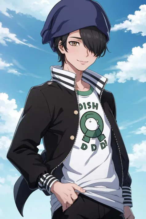 masterpiece, best quality, solo, 1boy, smile, <lora:Jungo_Fp:1>, jungodesu2, jacket, pants, beanie, open clothes, hair over one eye, <lora:FE-ENGAGE S Rank_Fp:1>, sky, cloud,