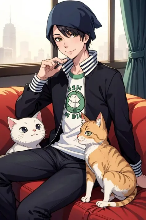 masterpiece, best quality, solo, 1boy, looking at viewer, smile, <lora:Jungo_Fp:1>, jungodesu2, jacket, pants, beanie, open clothes, holding cat, sitting,