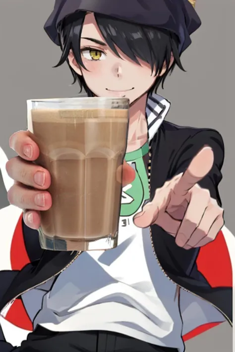 masterpiece, best quality, solo, 1boy, smile, looking at viewer, <lora:Jungo_Fp:1>, jungodesu2, jacket, pants, beanie, open clothes,   <lora:concept_choccymilk:1>, choccymilk, pointing at viewer, holding, cup, simple background,