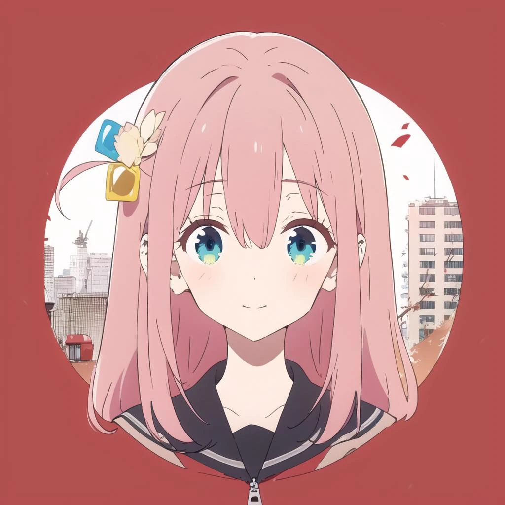 bird,solo,flower,fruit,apple,food,building,leaf,white flower,bangs,<lora:NakamuraV2:1>,(simple background:1.2),solo,(1girl:1.2),instrument,(looking_at_viewer:1.2),<lora:bocchi_style_offset:1>,bocchi style,gotou hitori,1girl,blue eyes,(cube hair ornament:1.2),hair between eyes,hair ornament,hair over eyes,jacket,long hair,(one side up:1.2),pink hair,pink jacket,solo,track jacket,zipper,aged down,smile,eye-contact,portrait,, masterpiece,best quality,highres,ultra high res,(abstract art:1.2),2d,(highlydetailed),(colorful),(intenseexpression),(fashionable),