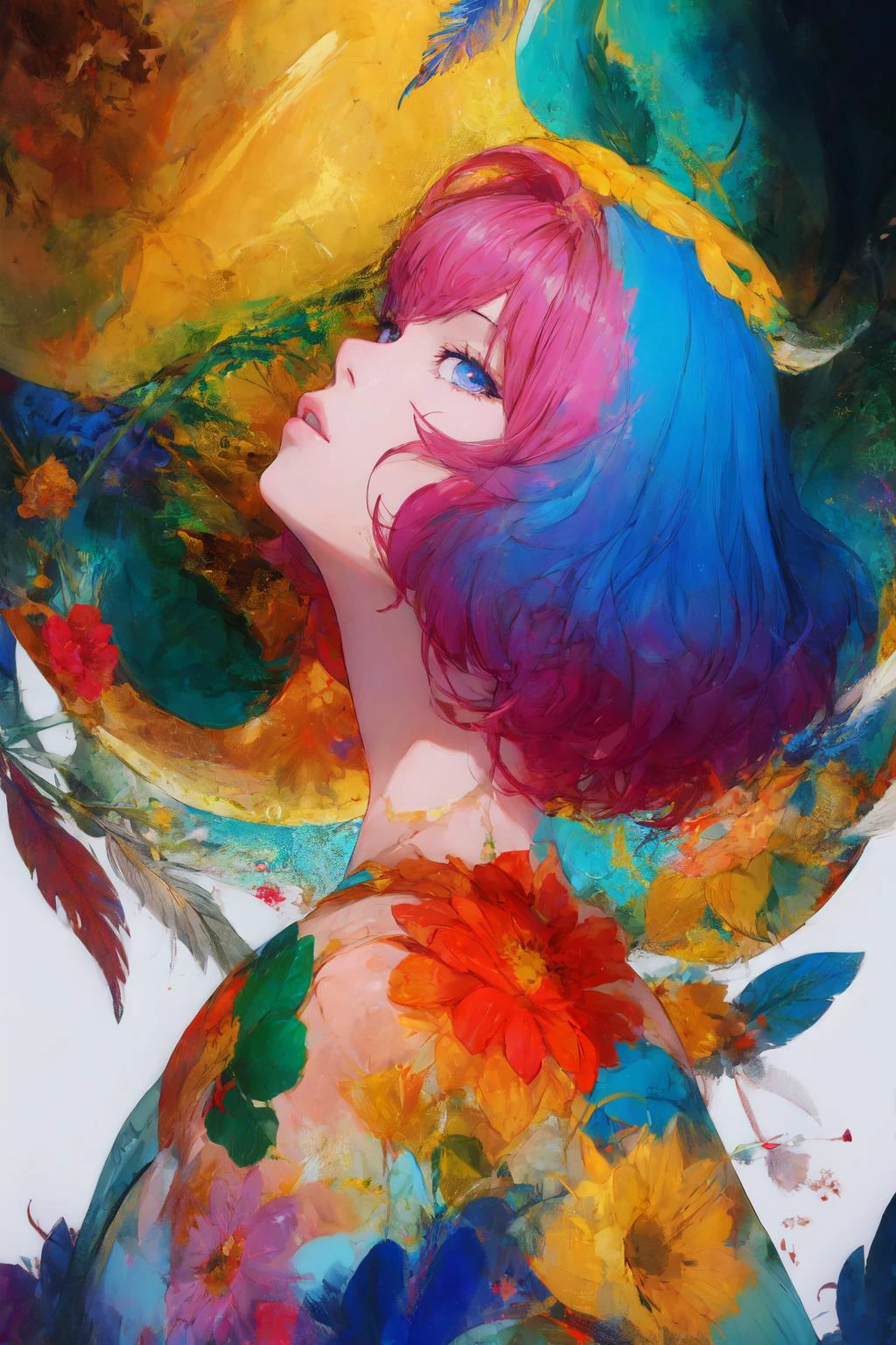 soft and warm color, movie still,bright, vivid,dreamy, evocative use of light and shadow, incredible beauty, anime style, vibrant, studio anime, beautiful, textural, ray tracing, absurdres, offical art, illustration, (((masterpiece))),(((best quality))),((ultra-detailed)), <lora:Nakamura:0.7>,solo,flower,leaf,solo,(1girl:1.2), (looking_at_viewer:1.2), (abstract art:1.2),2d,(highlydetailed),(colorful),(intenseexpression),(fashionable), feather, <lora:add_detail:0.4>,