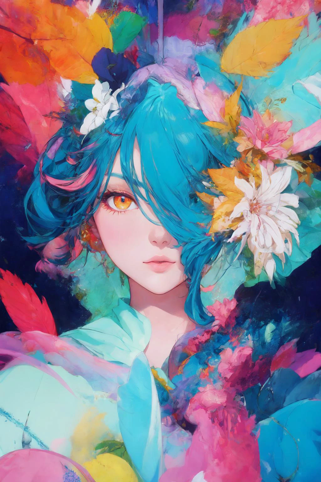 soft and warm color, movie still,bright, vivid,dreamy, evocative use of light and shadow, incredible beauty, anime style, vibrant, studio anime, beautiful, textural, ray tracing, absurdres, offical art, illustration, (((masterpiece))),(((best quality))),((ultra-detailed)), <lora:Nakamura:0.7>,solo,flower,leaf,solo,(1girl:1.2), (looking_at_viewer:1.2), (abstract art:1.2),2d,(highlydetailed),(colorful),(intenseexpression),(fashionable), feather, <lora:add_detail:0.4>,