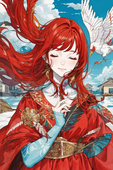 masterpiece,best quality,
upper body,
portrait,
1girl,
red hair,long hair,floating hair,
closed eyes,enjoy,
gentle smile,
red dress,
patterns,decoration,
cloud,
feathers,
colorful,
<lora:NakamuraV2:0.9>,
<lora:add_detail:0.8>,
