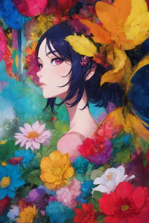 soft and warm color, movie still,bright, vivid,dreamy, evocative use of light and shadow, incredible beauty, anime style, vibrant, studio anime, beautiful, textural, ray tracing, absurdres, offical art, illustration, (((masterpiece))),(((best quality))),((ultra-detailed)), <lora:Nakamura:0.7>,solo,flower,leaf,solo,(1girl:1.2), (looking_at_viewer:1.2), (abstract art:1.2),2d,(highlydetailed),(colorful),(intenseexpression),(fashionable), feather, <lora:add_detail:0.4>,