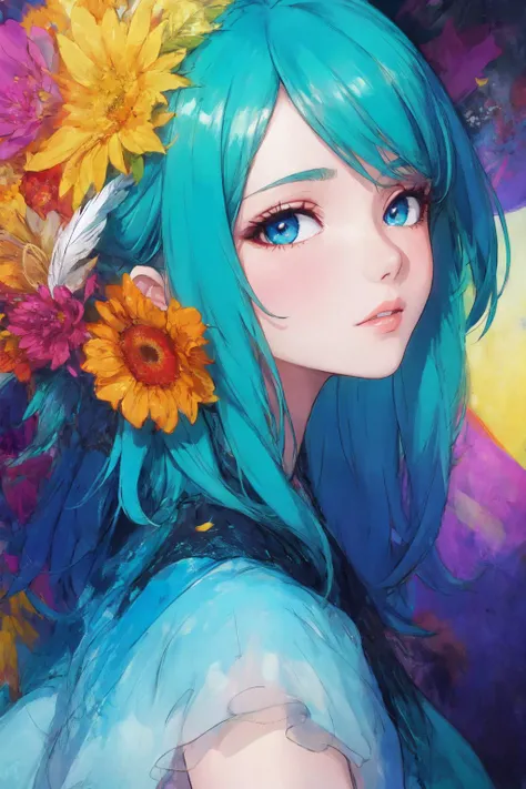 soft and warm color, movie still,bright, vivid,dreamy, evocative use of light and shadow, incredible beauty, anime style, vibrant, studio anime, beautiful, textural, ray tracing, absurdres, offical art, illustration, (((masterpiece))),(((best quality))),((ultra-detailed)), <lora:Nakamura:0.7>,solo,flower,leaf,solo,(1girl:1.2), (looking_at_viewer:1.2), (abstract art:1.2),2d,(highlydetailed),(colorful),(intenseexpression),(fashionable), feather, <lora:add_detail:0.4>,