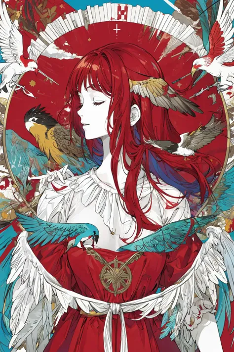 masterpiece,best quality,
upper body,
portrait,
1girl,
red hair,long hair,floating hair,
closed eyes,enjoy,
gentle smile,
red dress,
patterns,decoration,
cloud,birds of animal in background,
feathers,
colorful,
<lora:NakamuraV2:1>,
<lora:add_detail:0.8>,
