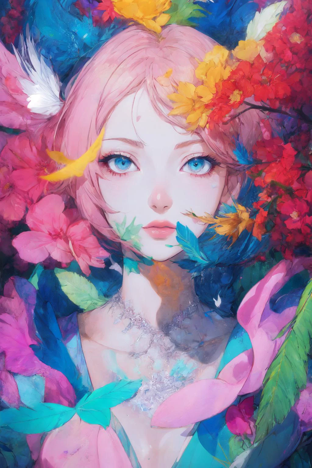 soft and warm color, movie still,bright, vivid,dreamy, evocative use of light and shadow, incredible beauty, anime style, vibrant, studio anime, beautiful, textural, ray tracing, absurdres, offical art, illustration, (((masterpiece))),(((best quality))),((ultra-detailed)), <lora:Nakamura:0.7>,solo,flower,leaf,solo,(1girl:1.2), (looking_at_viewer:1.2), (abstract art:1.2),2d,(highlydetailed),(colorful),(intenseexpression),(fashionable), feather, <lora:add_detail:0.4>,