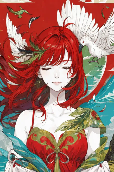 masterpiece,best quality,
upper body,
portrait,
1girl,
red hair,long hair,floating hair,
closed eyes,enjoy,
gentle smile,
red dress,
patterns,decoration,
cloud,birds in background,green leaf,
feathers,
colorful,
<lora:NakamuraV2:1>,
<lora:add_detail:0.8>,