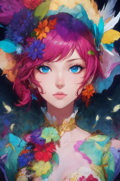 soft and warm color, movie still,bright, vivid,dreamy, evocative use of light and shadow, incredible beauty, anime style, vibrant, studio anime, beautiful, textural, ray tracing, absurdres, offical art, illustration, (((masterpiece))),(((best quality))),((ultra-detailed)), <lora:Nakamura:0.7>,solo,flower,leaf,solo,(1girl:1.2), (looking_at_viewer:1.2), (abstract art:1.2),2d,(highlydetailed),(colorful),(intenseexpression),(fashionable), feather, <lora:add_detail:0.4>,