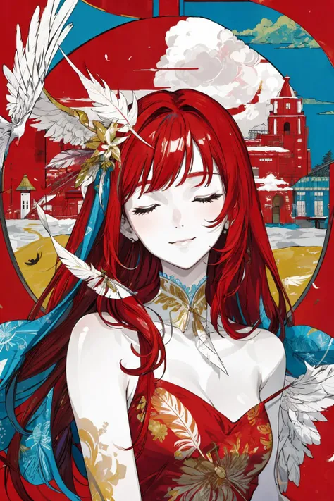 masterpiece,best quality,
upper body,
portrait,
1girl,
red hair,long hair,floating hair,
closed eyes,enjoy,
gentle smile,
red dress,
patterns,decoration,
cloud,
feathers,
colorful,
<lora:NakamuraV2:0.9>,
<lora:add_detail:0.8>,