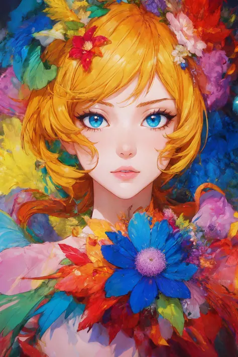 soft and warm color, movie still,bright, vivid,dreamy, evocative use of light and shadow, incredible beauty, anime style, vibrant, studio anime, beautiful, textural, ray tracing, absurdres, offical art, illustration, (((masterpiece))),(((best quality))),((ultra-detailed)),  <lora:Nakamura:0.7>,solo,flower,leaf,solo,(1girl:1.2), (looking_at_viewer:1.2), (abstract art:1.2),2d,(highlydetailed),(colorful),(intenseexpression),(fashionable), feather, <lora:add_detail:0.4>,
