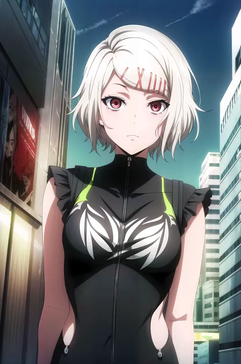 (masterpiece,best quality,highres:1.1),juuzou_suzuya,short hair,red eyes,pale_skin,medium breasts,hair ornament,white hair,hairclip,x hair ornament,detailed stitches,1girl,solo,cropped arms,charming pose,(close-up:1.1),<lora:juuzou_suzuya:0.85>,upper body,<lora:add_detail:0.6>,(punk:1.1),<lora:punk_v0.2>,(punk clothes:1.1),looking at viewer,