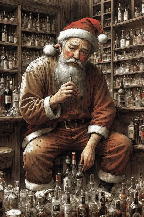 drunk, creepy santa, muddy, crowded bottles bar, intricate details, hdr, intricate details, hyperdetailed, cinematic, dark shot, muted colors, film grainy, soothing tones, muted colors, technicolor, kimjunggi style